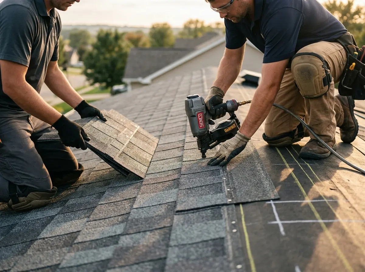 Professional roofer working on a residential roof in Lugoff